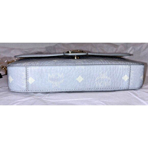 MCM Crossbody Purse Gray Leather Chic Preppy Designer Understated Gold Quiet Lux - Picture 14 of 15